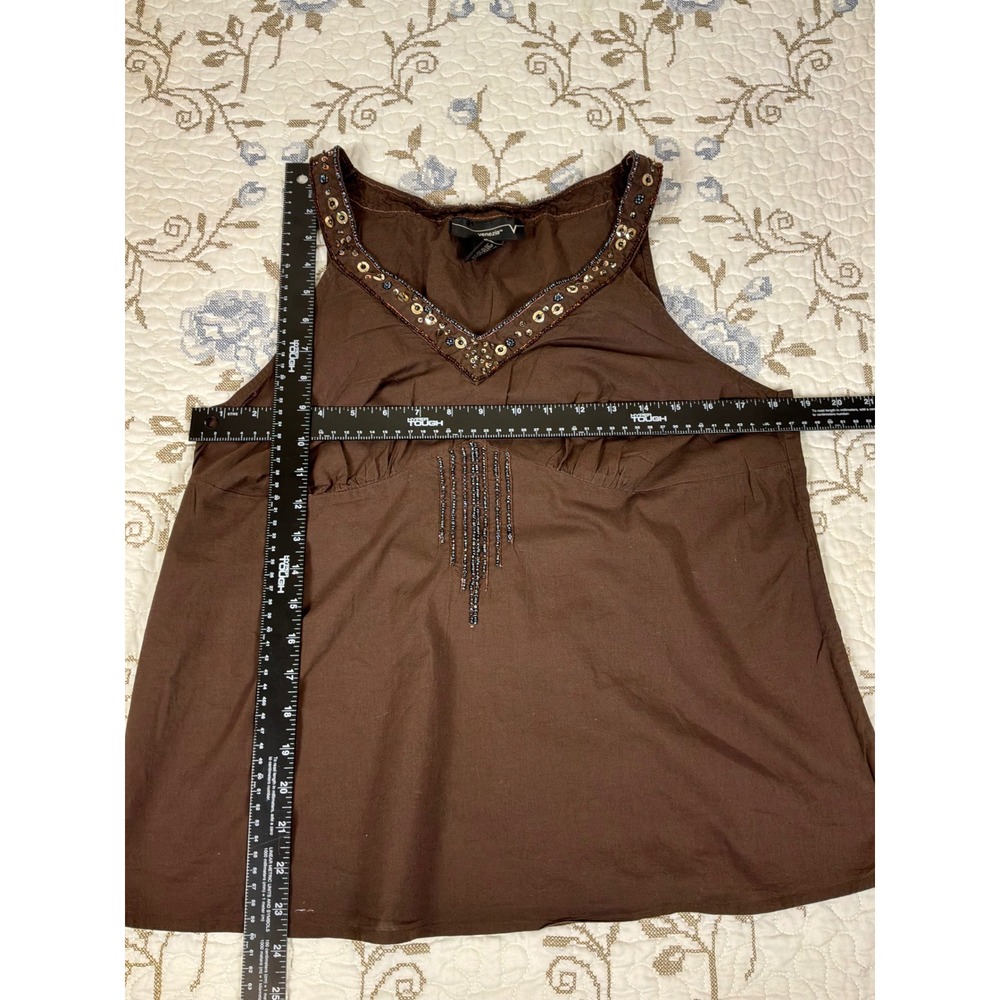 Venezia Sleeveless Tank Top Womens Size 14 Brown Excellent Beaded V-Neck Cotton - Picture 5 of 6